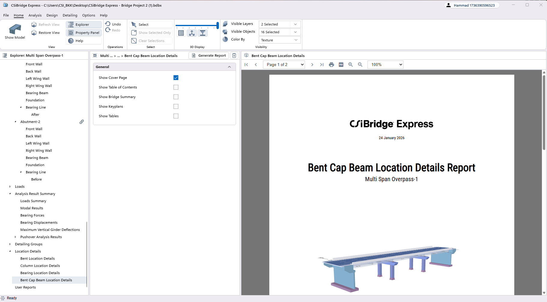 Bent Cap Beam Location Details Report